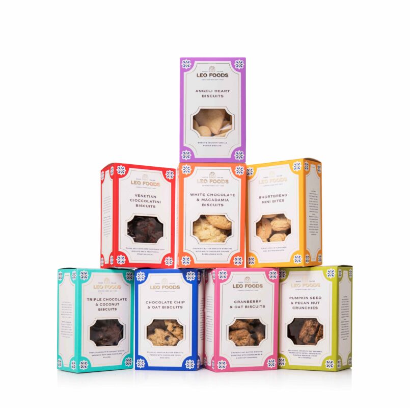 Colourful Leo Foods biscuit boxes stacked together