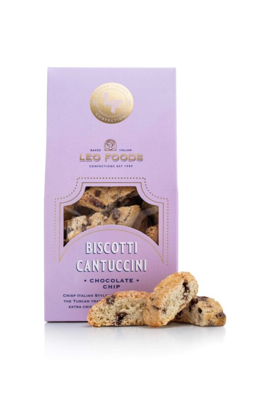 Biscotti Cantuccini Chocolate Chip retail box with biscotti