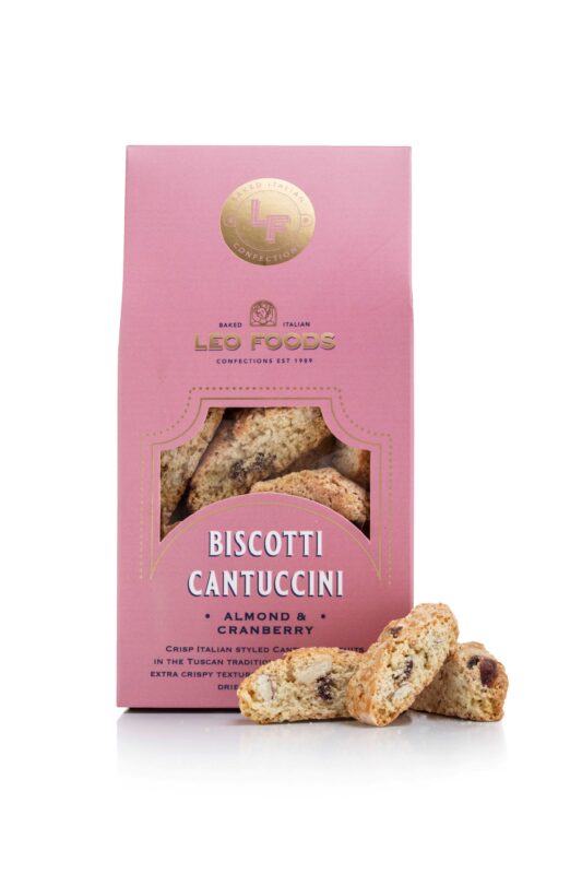 Biscotti Cantuccini Almond and Cranberry retail box with biscotti